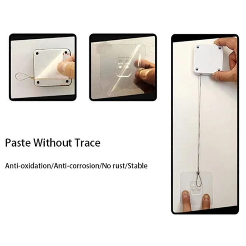 White automatic door closer tension box with adhesive backing and transparent hook for punch-free installation.