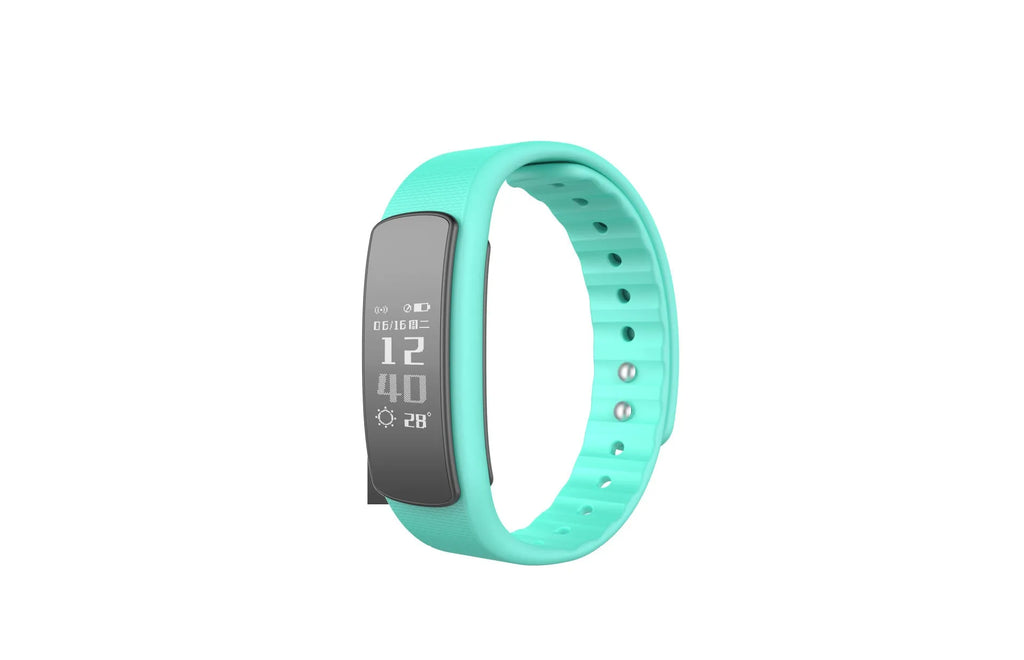 Black I6 smart sports bracelet with a 0.96-inch display on a grey background.