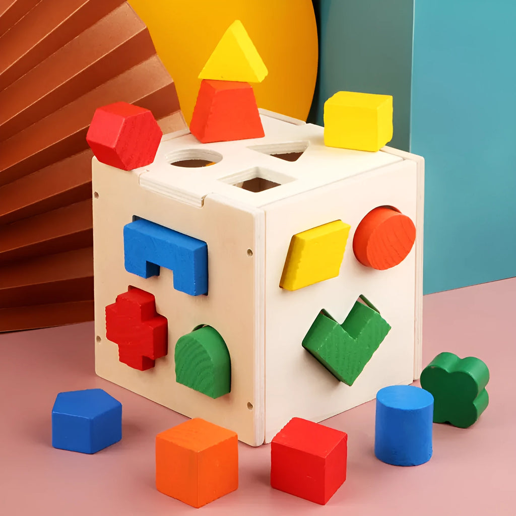 Pine wood matching intelligence box cube toy for ages 1 to 3 years, 530g, in a colour box.
