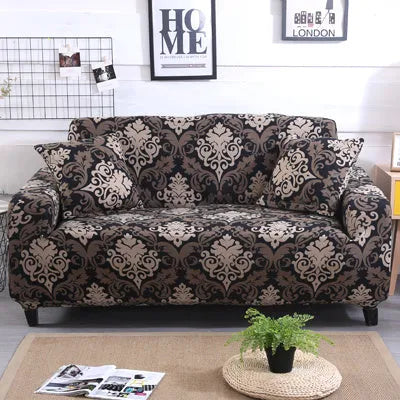 Geometric pattern stretchable sofa slipcover on three-seater sofa showing tight fit without wrinkles