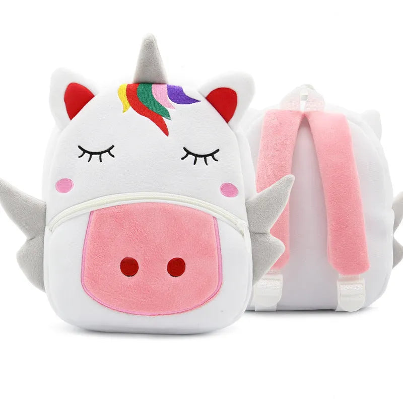 Plush children's backpack with animal design measuring 26cm by 24cm by 10cm