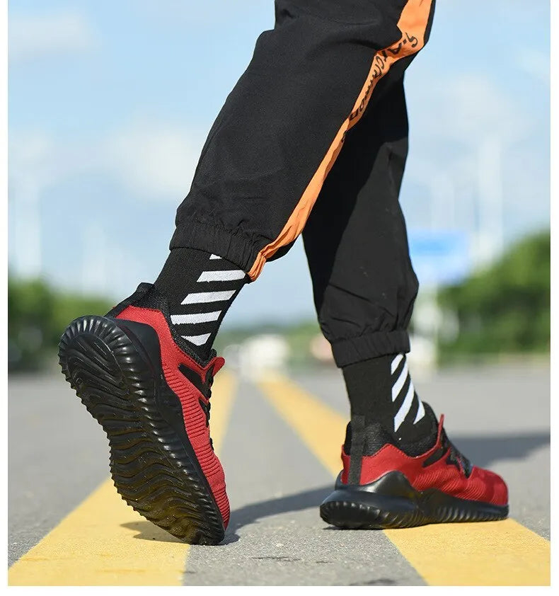 Men's safety shoes with steel toecap and midsole, anti-slip rubber outsole, breathable fly knitting upper, 903 red or black
