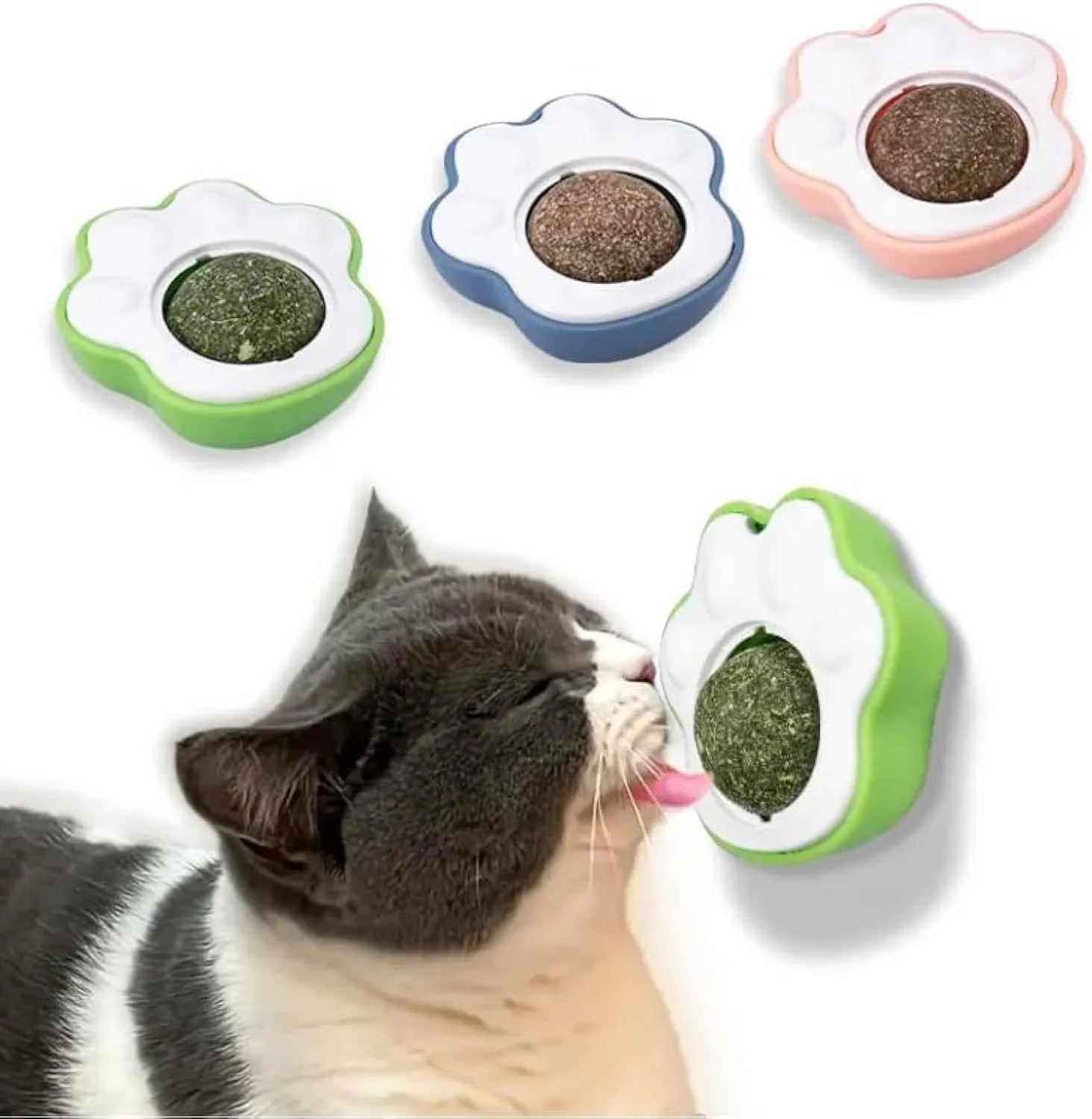 Blue, green, or pink catnip balls for cats with plush material, 45mm by 33mm by 50mm size, used as dental chew toys