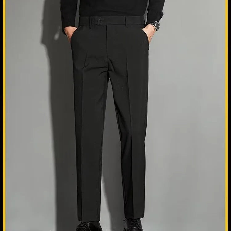 Men's straight-leg suit trousers with spring draping effect in apricot colour, showing waist to ankle design
