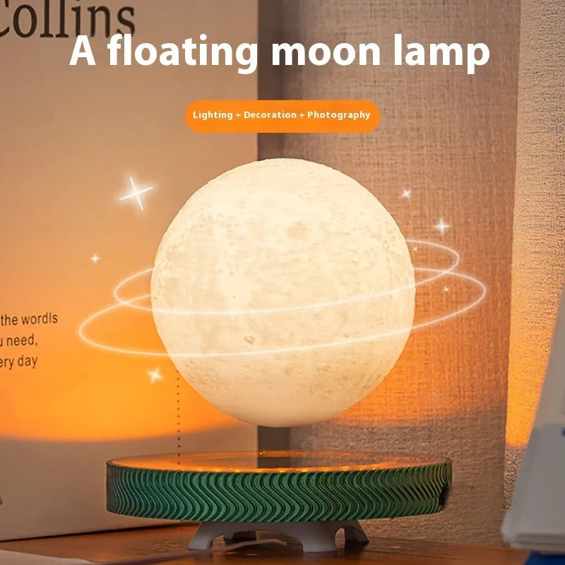 Magnetic suspension night lamp with floating 3D-printed moon ornament above base, UK plug visible