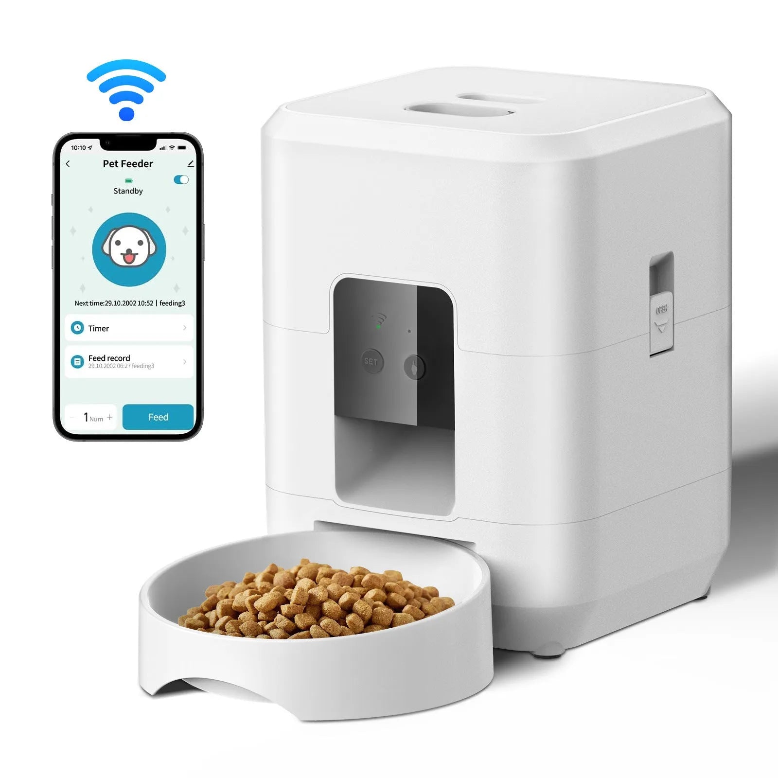 Automatic pet feeder in white or black with WiFi and button control options for cats