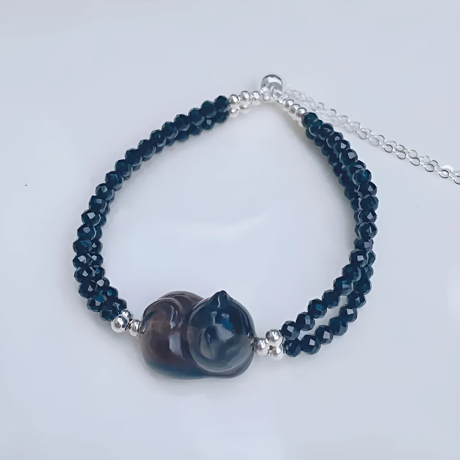 Hand-carved obsidian climbing cat bracelet with natural K2 stone and Korean-style design