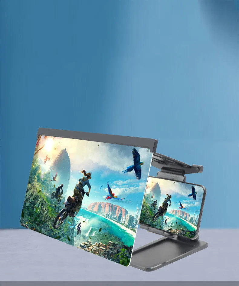 Black 12-inch mobile phone screen amplifier with detachable magnifier and phone holder in folded position