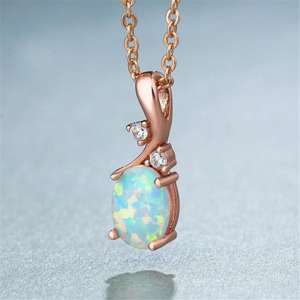 Water drop opal pendant necklace with adjustable chain in rose gold or white electroplated finish