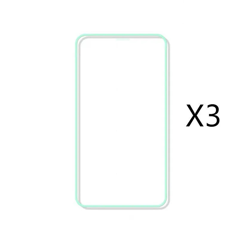 Luminous tempered glass screen protector glowing on iPhone in dark room with 9-layer protection diagram