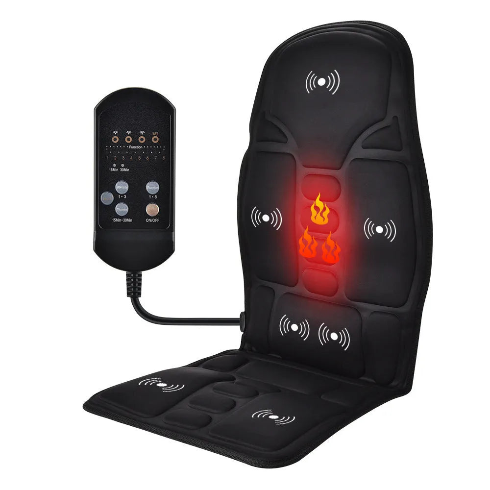 Black electric cervical kneading massager with remote control and international plug adapters.