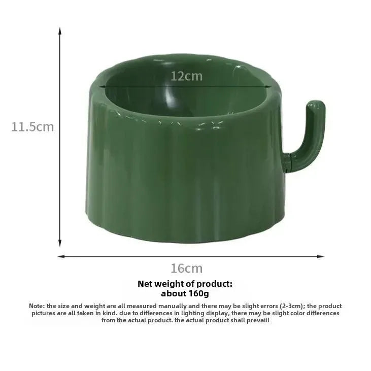 Solid colour ceramic cat bowl with cactus design, showing anti-slip base and large mouth opening.