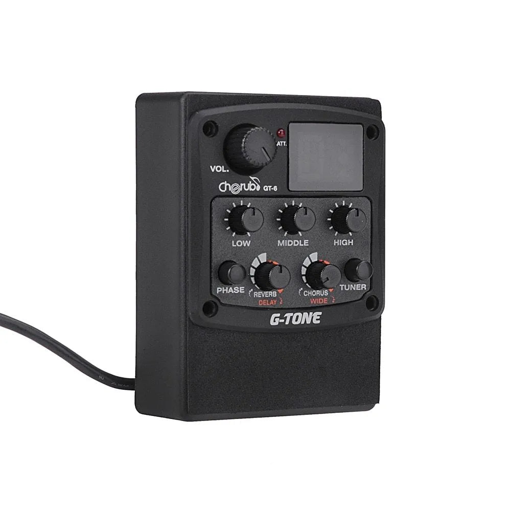Cherub GT-6 black acoustic guitar soundhole pickup and EQ unit with control knobs.
