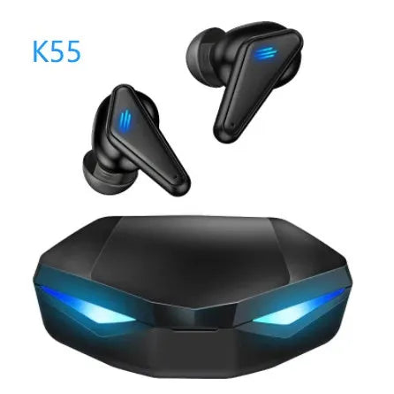 Blue Private Model K55 wireless Bluetooth gaming headset with earplug design showing bilateral stereo configuration