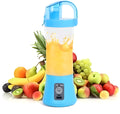Blue handheld USB rechargeable electric juicer with 400ml cup and blending blade.