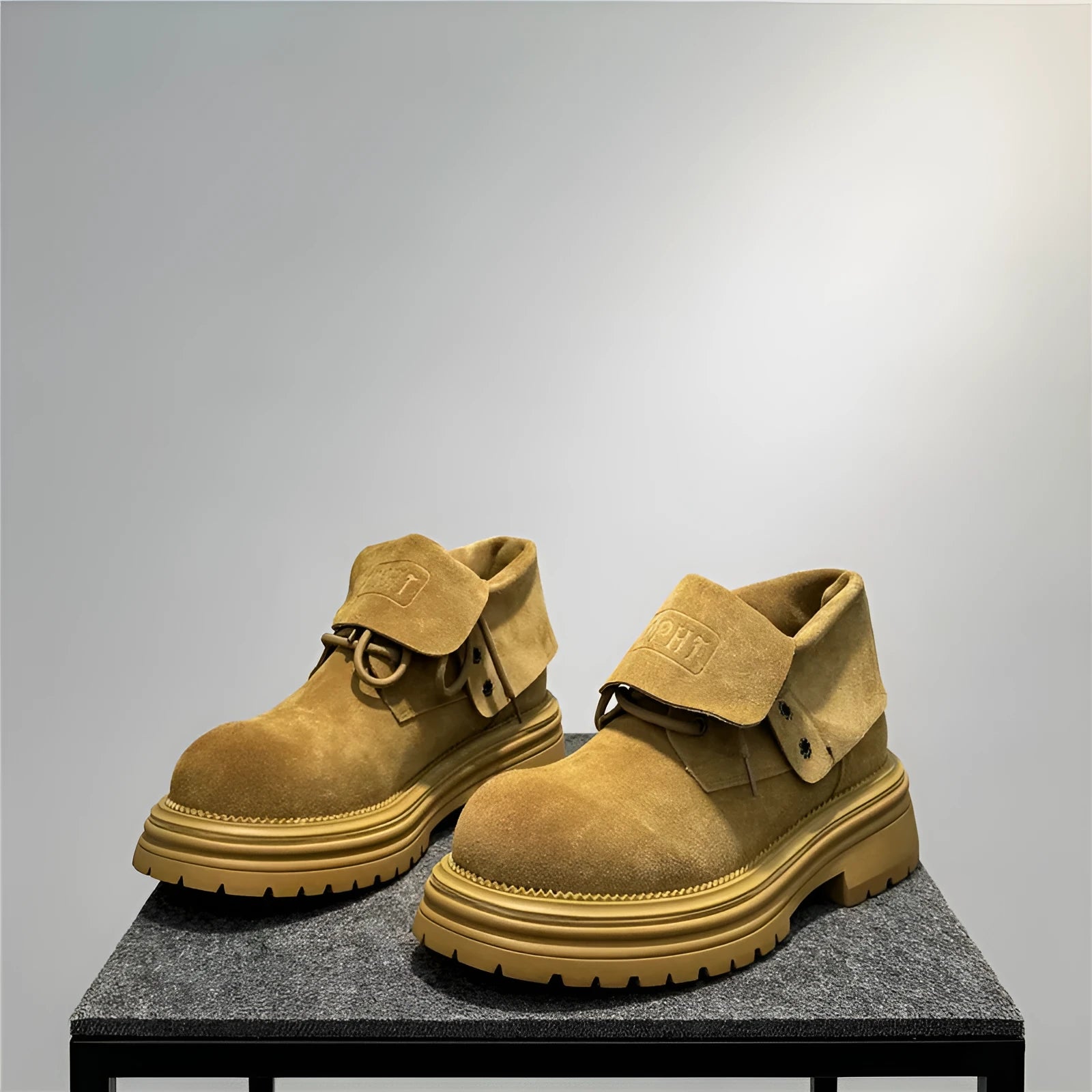 Men's distressed brown cow suede retro worker boots with thick platform sole and two-way laces.