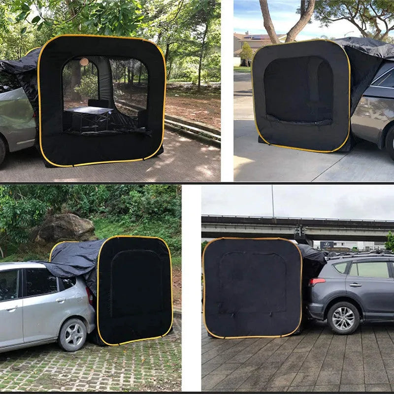 Black pop-up outdoor camping car tail tent with steel frame unfolded to 200x200x200cm dimensions