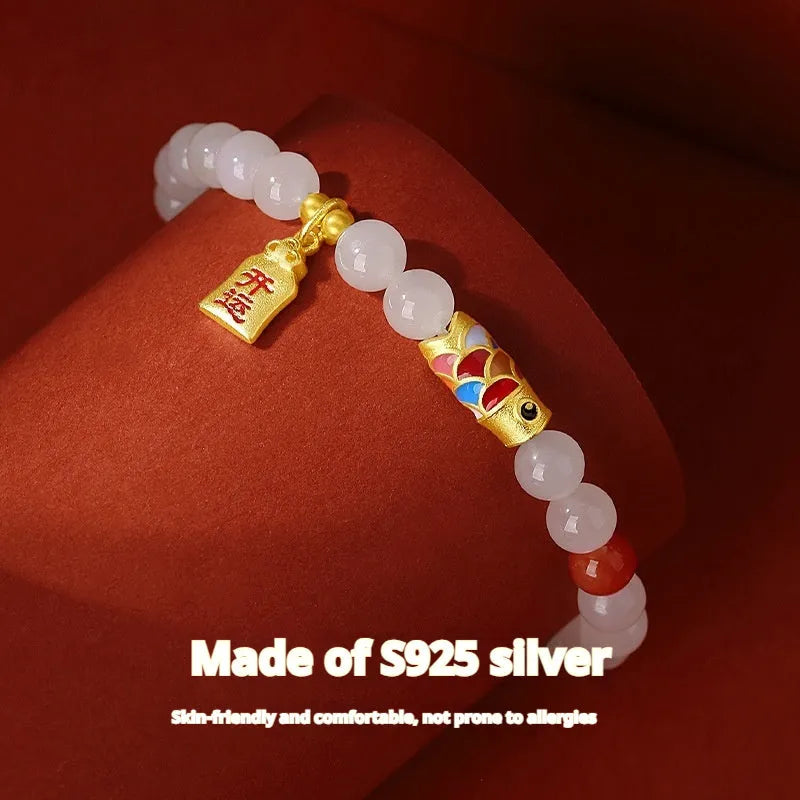 S925 sterling silver bracelet with natural Hetian jade and lucky koi cold enamel design, 6mm wide.