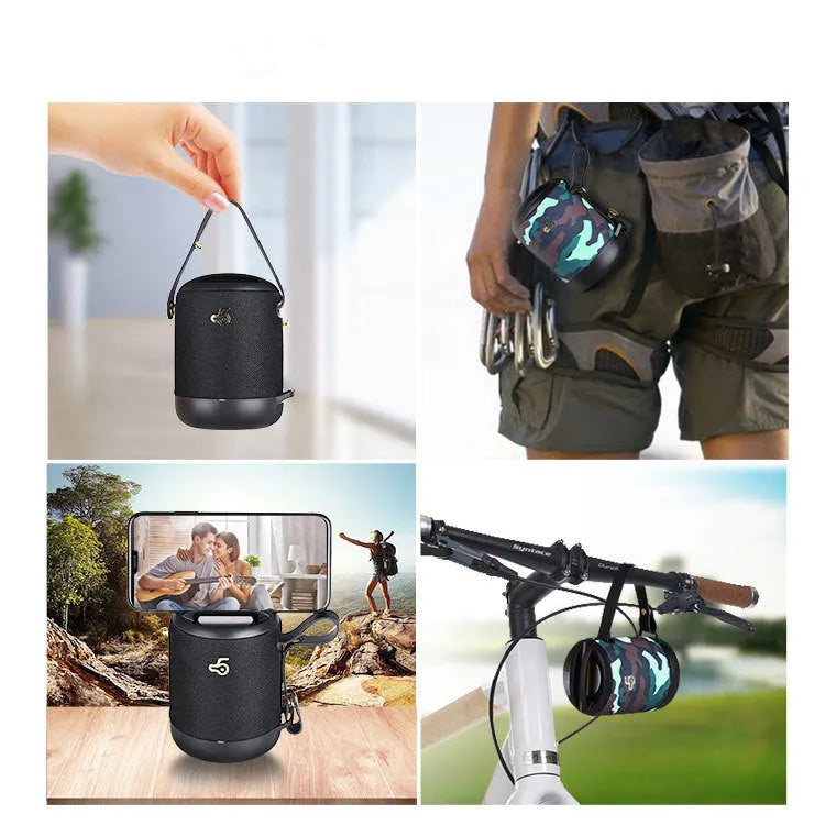 Wireless portable mini waterproof card subwoofer in black, showing compact design with portable belt and button controls
