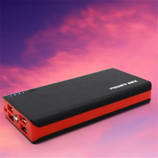 20000mAh blue power bank showing dimensions 145×68×22mm with 2.1A fast charging capability