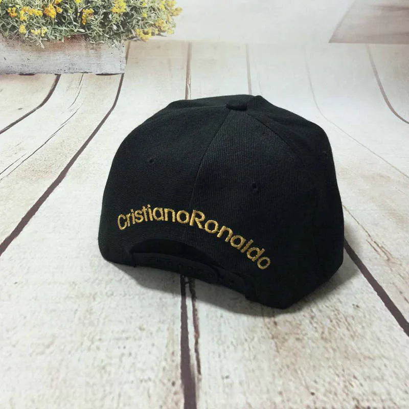 CR7 baseball cap in black with cotton satin weave, letter pattern, curled eaves and big brim.