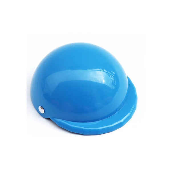 Small dog wearing a solid colour plastic motorcycle-style cap in a Japanese or Korean pet fashion style.