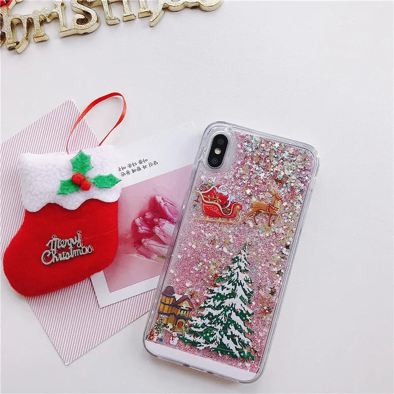 Transparent Christmas quicksand iPhone case with Santa Claus snowflake design on iPhone
