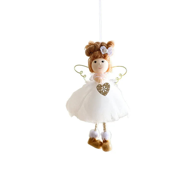 White Christmas tree ornament with mesh angel girl and snowflake pendant cartoon design