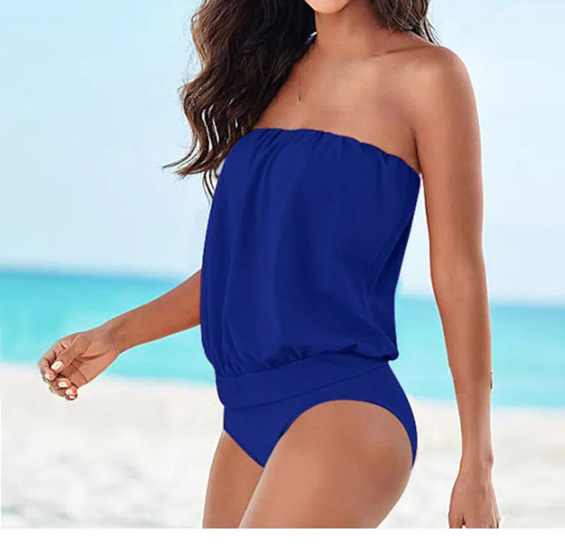 Strapless one-piece triangle swimsuit in solid colour polyester, sizes S to 3XL