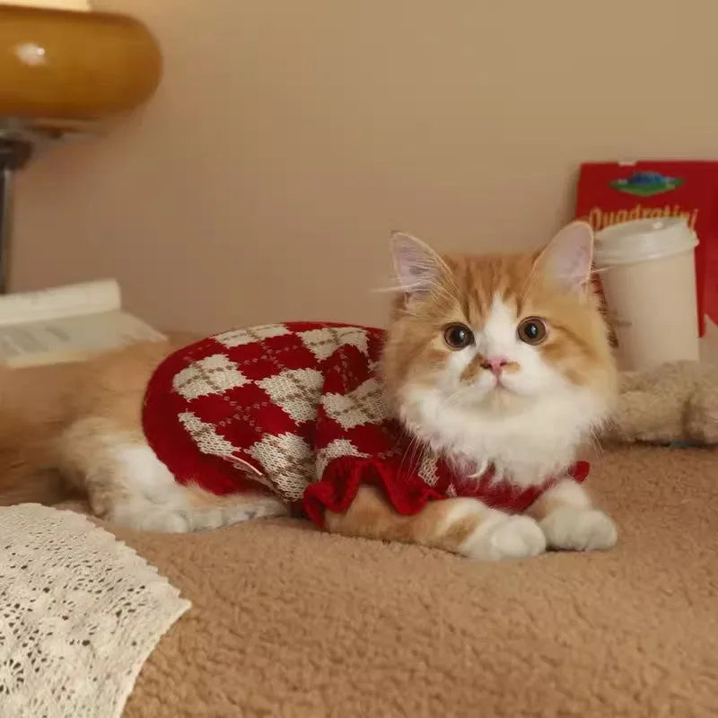 Red cat sweater with rhombic cherry embroidery for autumn and winter wear, shown in casual style