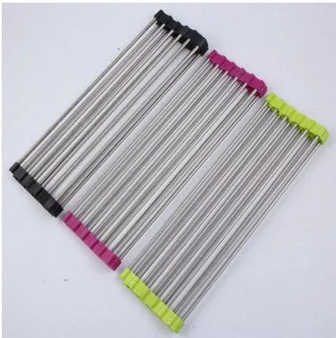 Folding stainless steel dish drainer rack in blue, shown over a kitchen sink