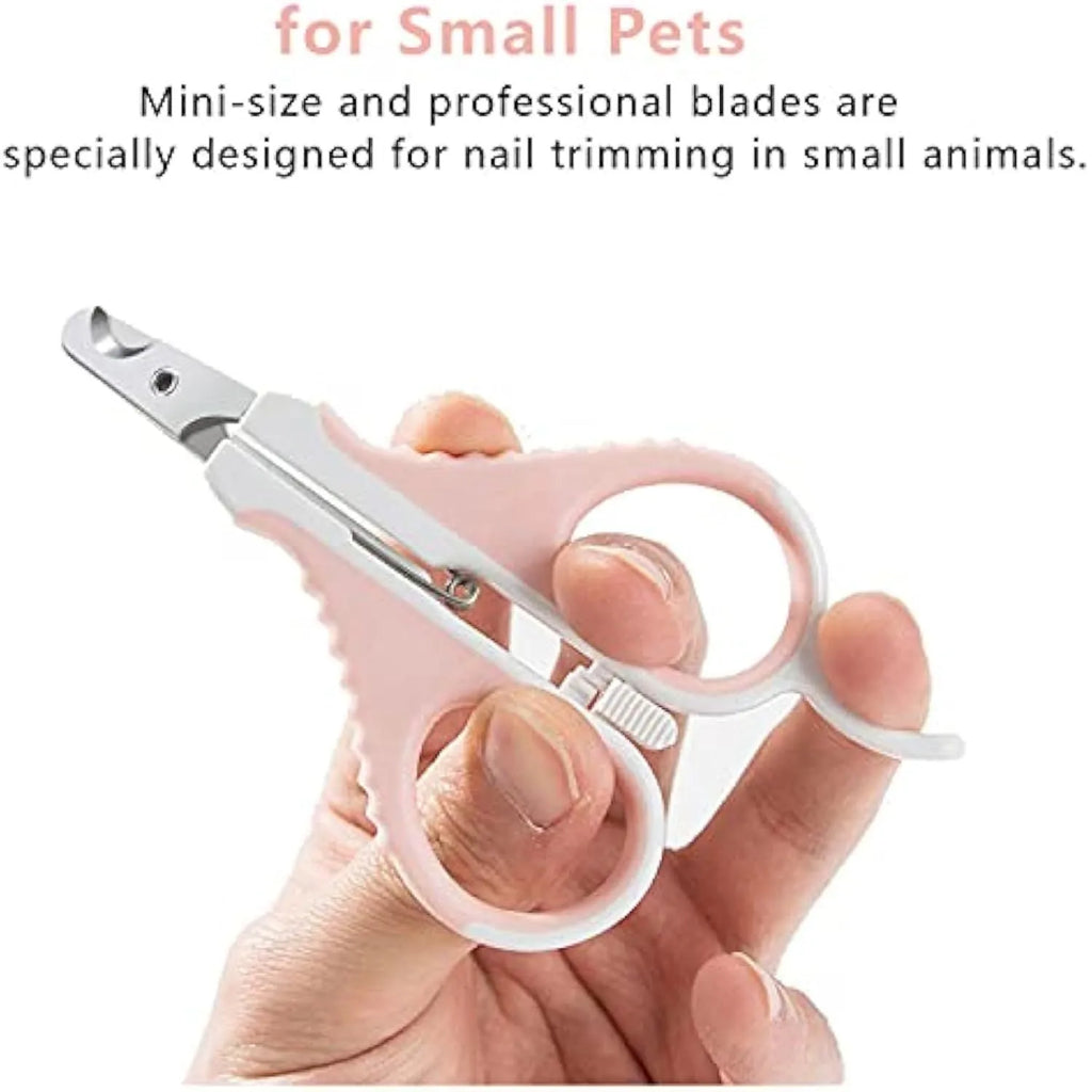 Grey and pink cat nail clippers with angled stainless steel blade and safety guard for pet grooming