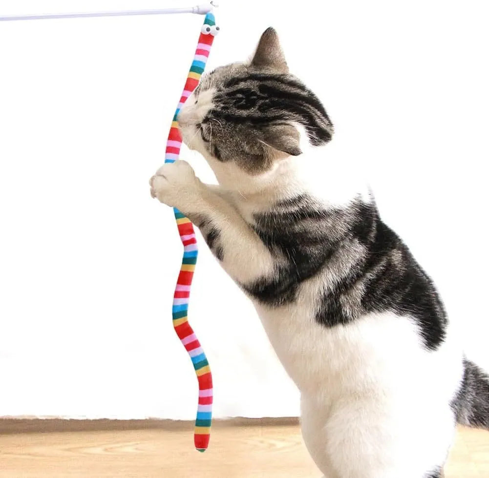 Cat wand toy with polycarbonate pole and plush strip in green, orange or rainbow colours for interactive feline play