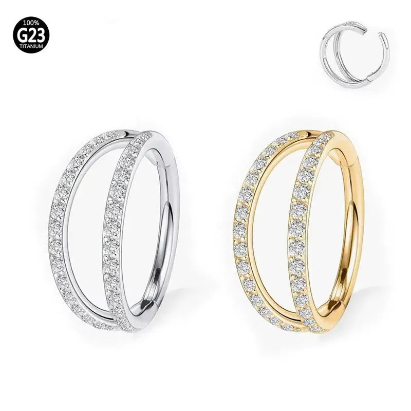 G23 titanium alloy nose ring with diamond treatment in steel or gold colour, showing 1.0mm and 1.2mm diameter options