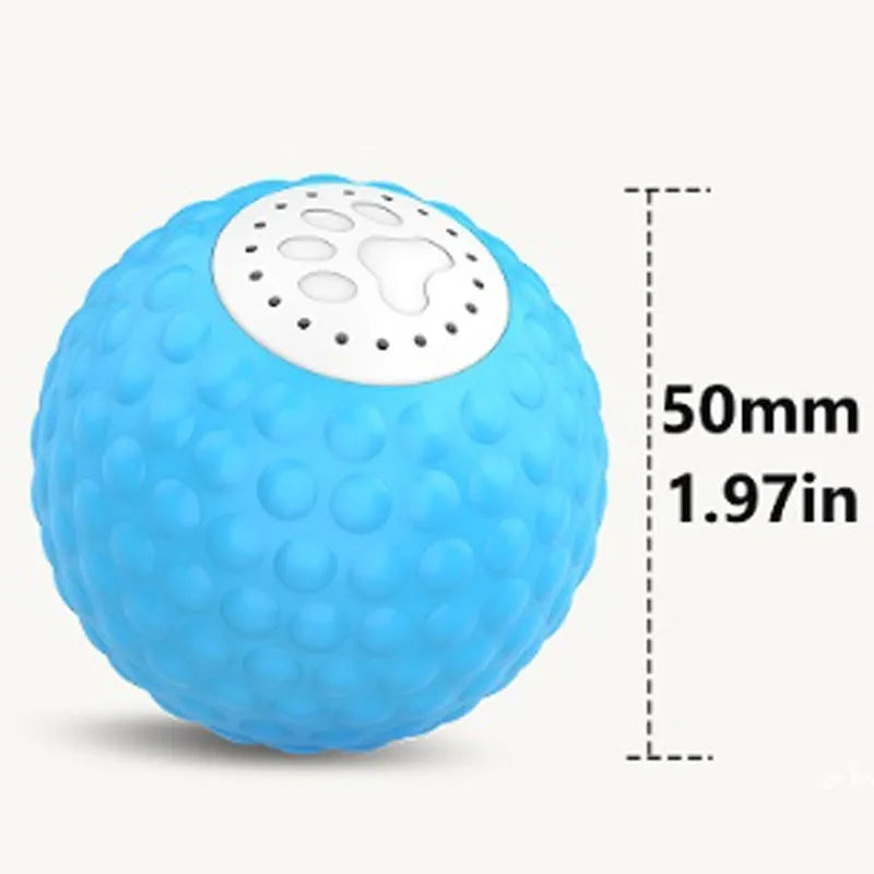 Remote-controlled cat toy ball measuring 8cm diameter with blue colour option and separate remote control unit