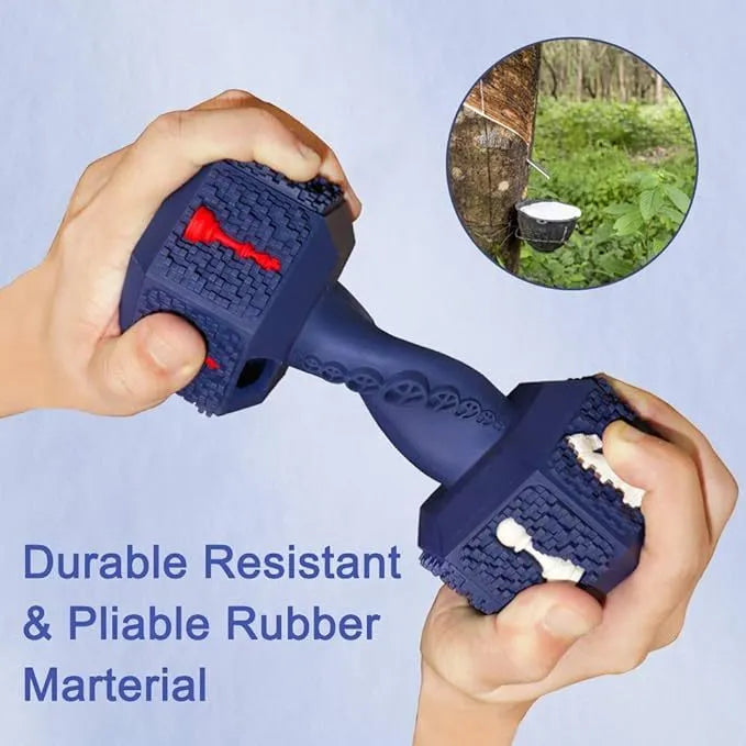 Dumbbell-shaped dog chew toy in black or blue with 3D particles on surface, hollow ends for treats