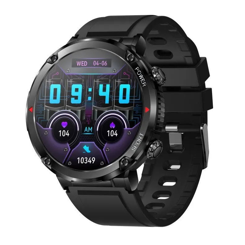 T30 Smart Watch with 52mm IPS touchscreen in black colour, showing Bluetooth calling and health monitoring functions