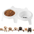 Ceramic cat food and water bowl set on elevated plastic stand with hook