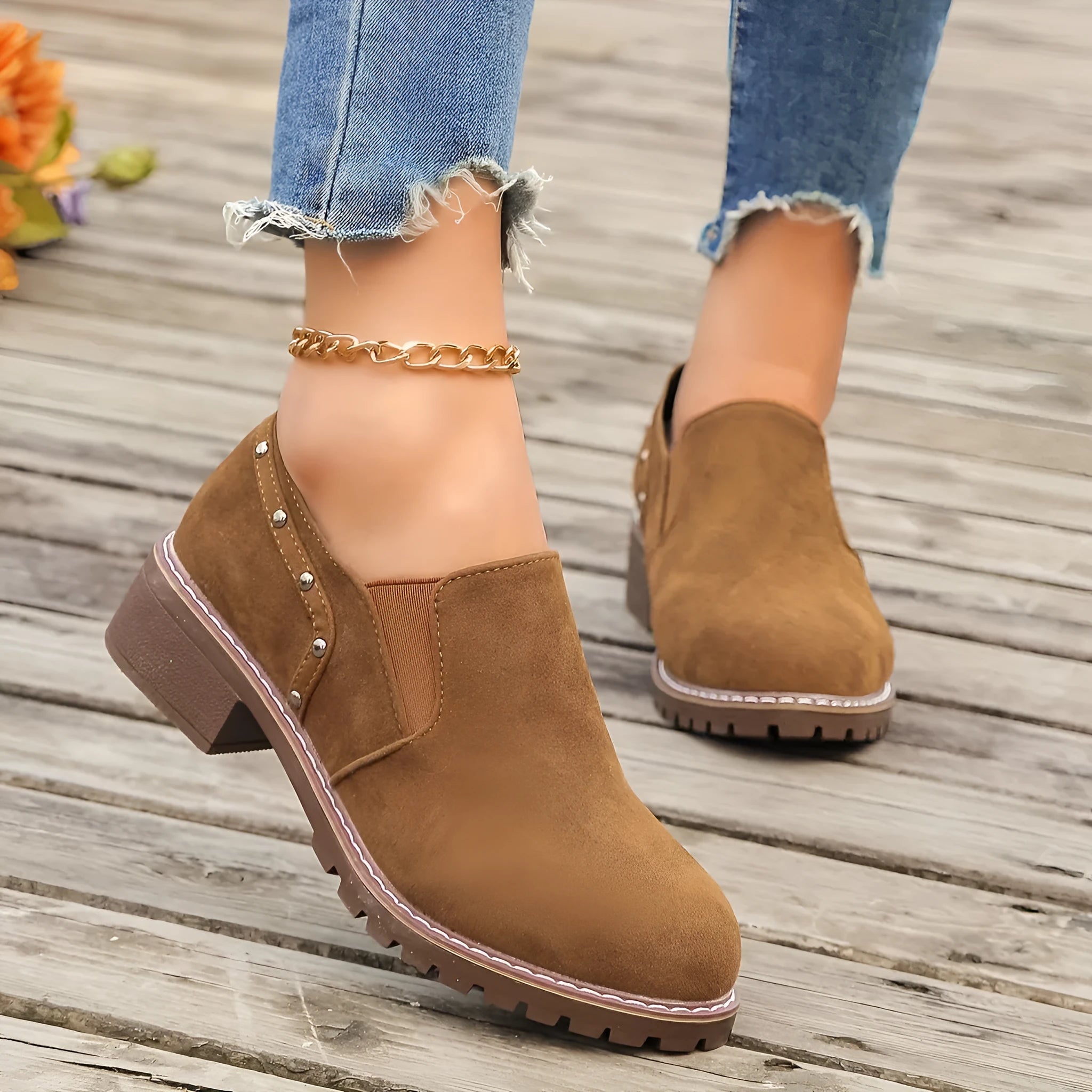 Women's plus size suede ankle boots with low heel and elastic band in light brown colour