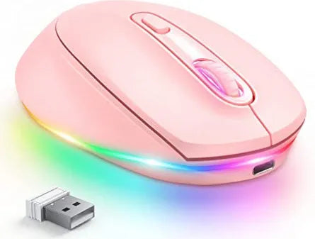 24g wireless mouse with ergonomic design showing seven colour options and USB charging cable