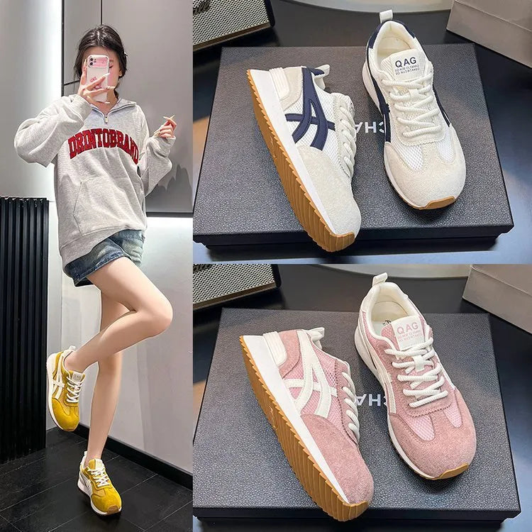 Women's white casual lace-up sneakers with round toe and non-slip plastic sole