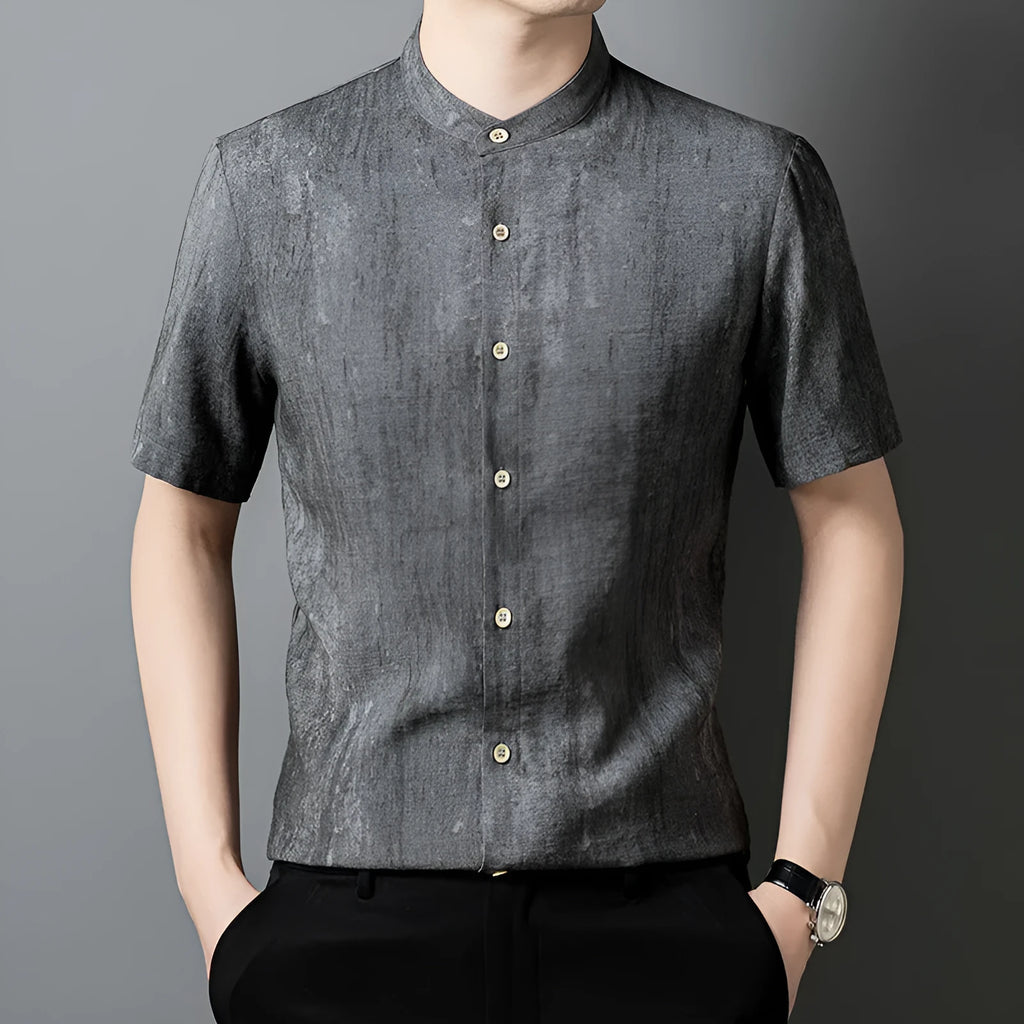 Men's loose fit linen blend shirt with a stand collar in black grey colour.