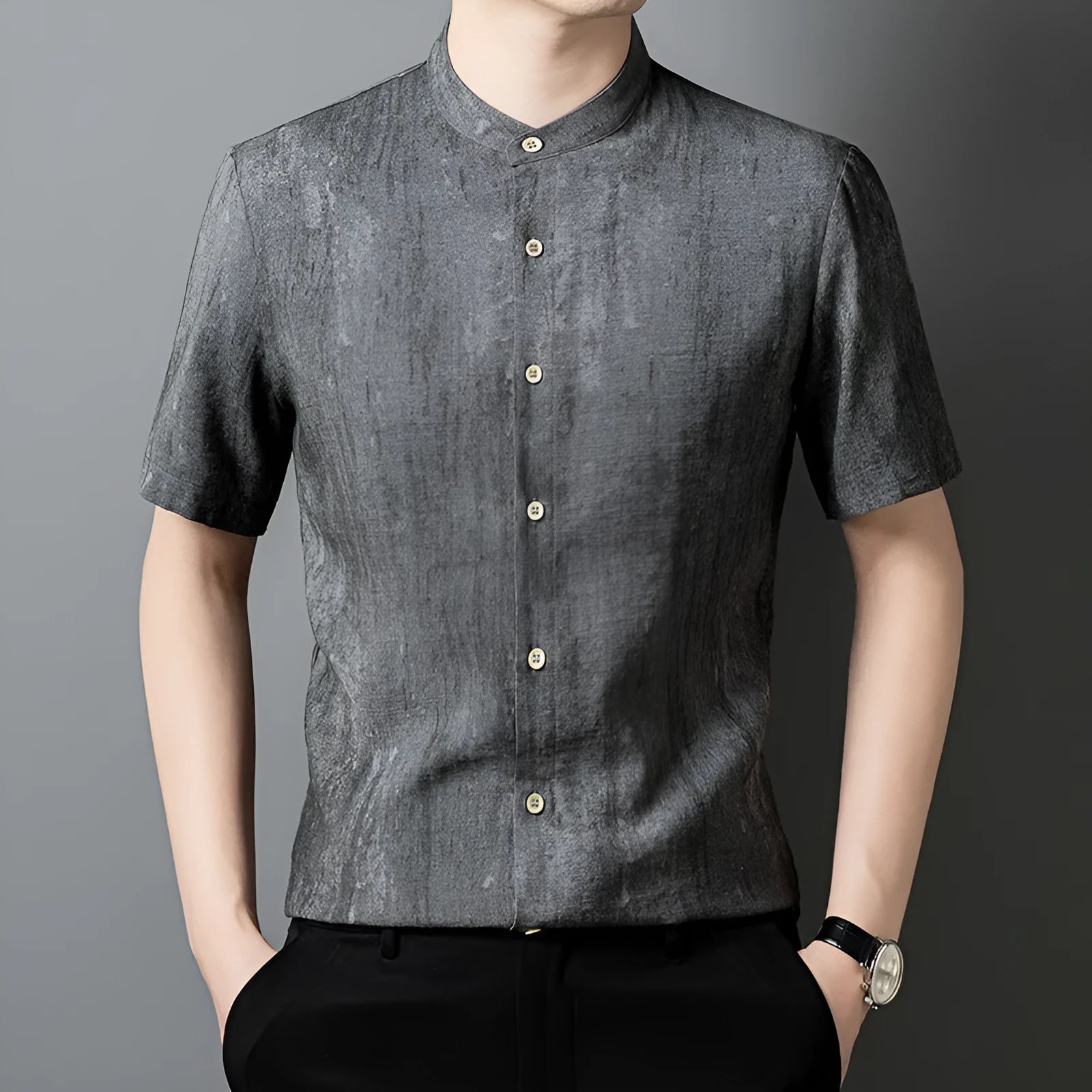 Men's loose fit linen blend shirt with a stand collar in black grey colour.