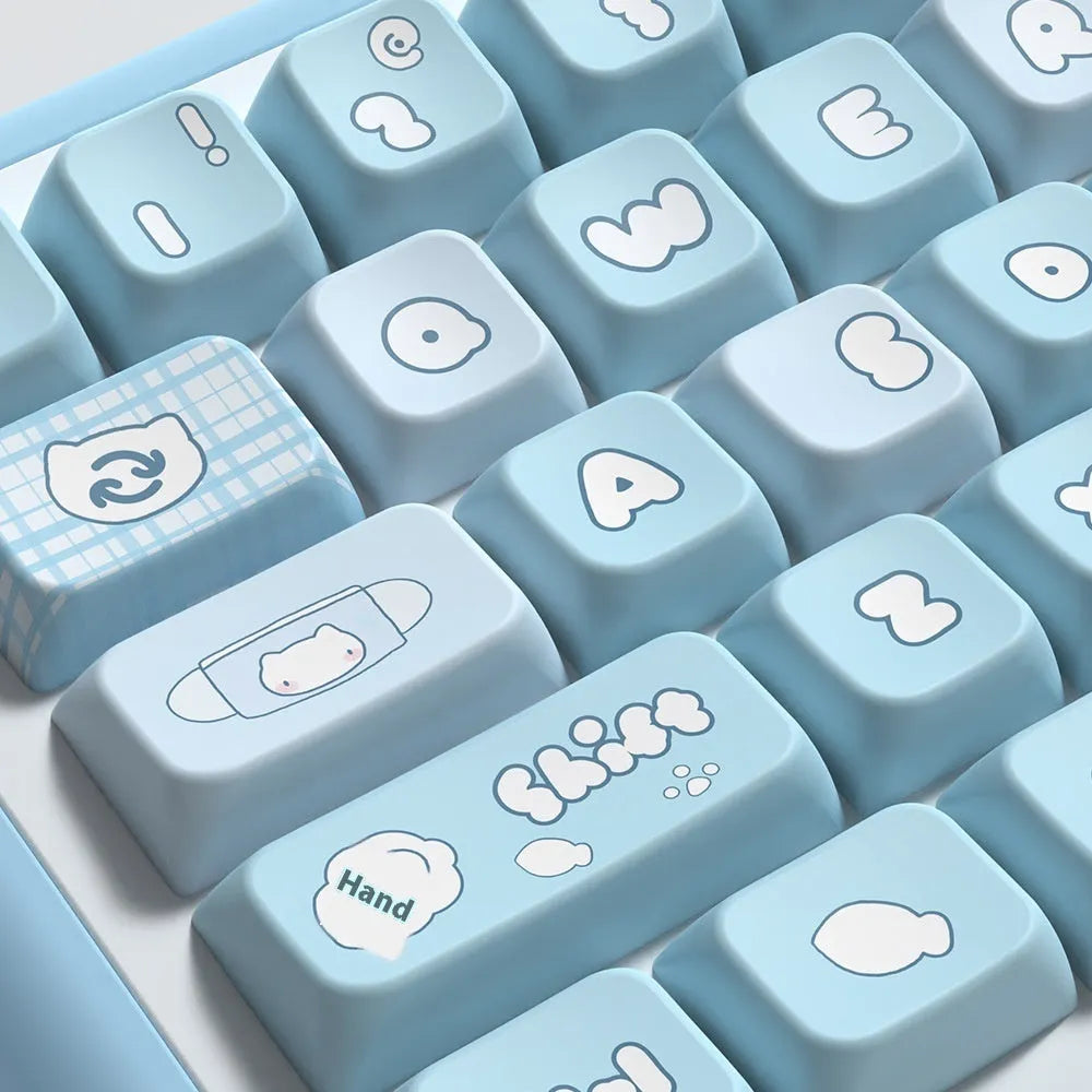 Watercolour kitten custom keycap set with sublimation printing on PTB plastic, showing 138 or 158 keys with opaque legends