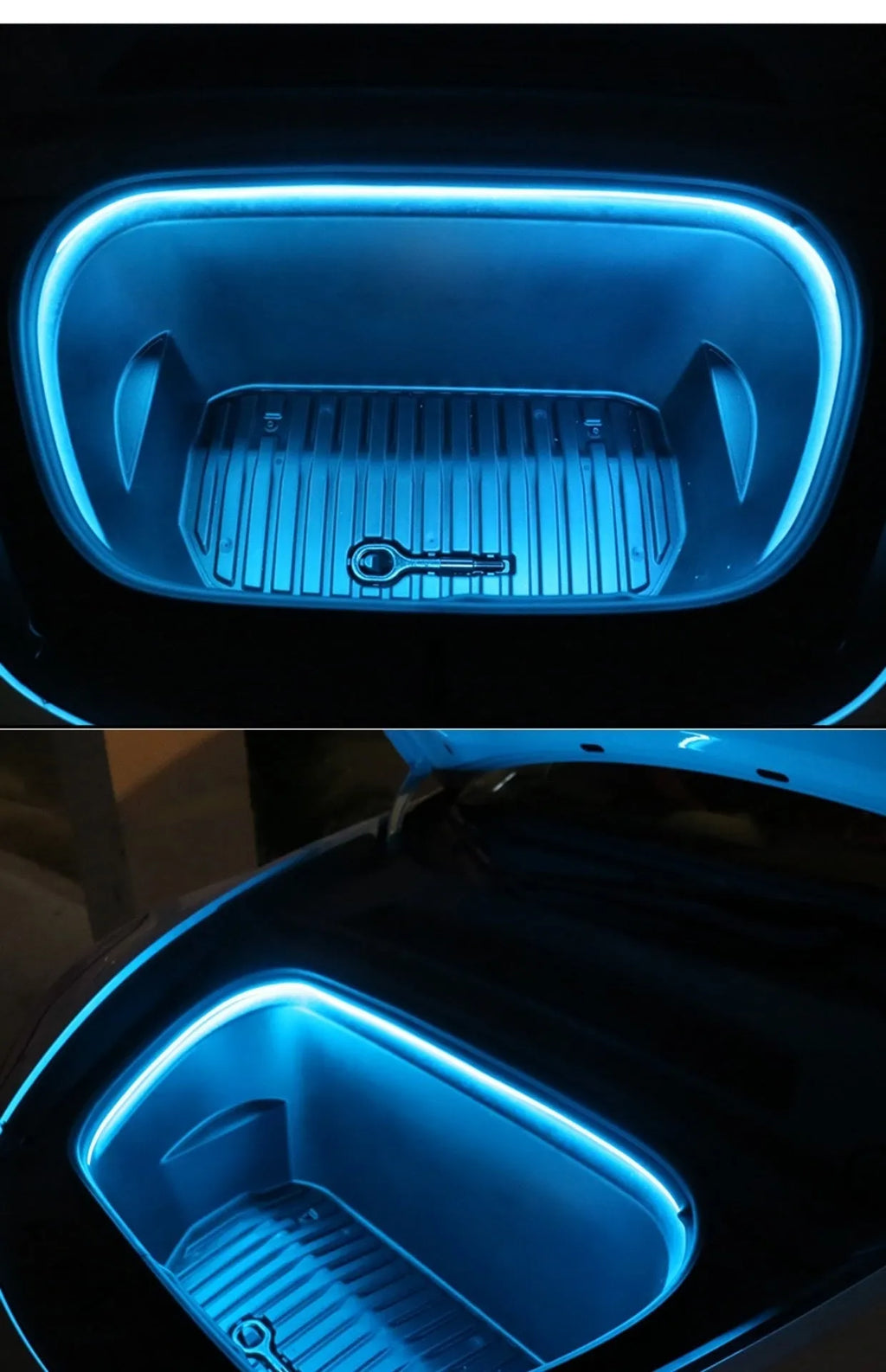 Tesla Model 3 and Y front console ambience light kit in soft silicone with pure white, warm white, and ice blue colour options.