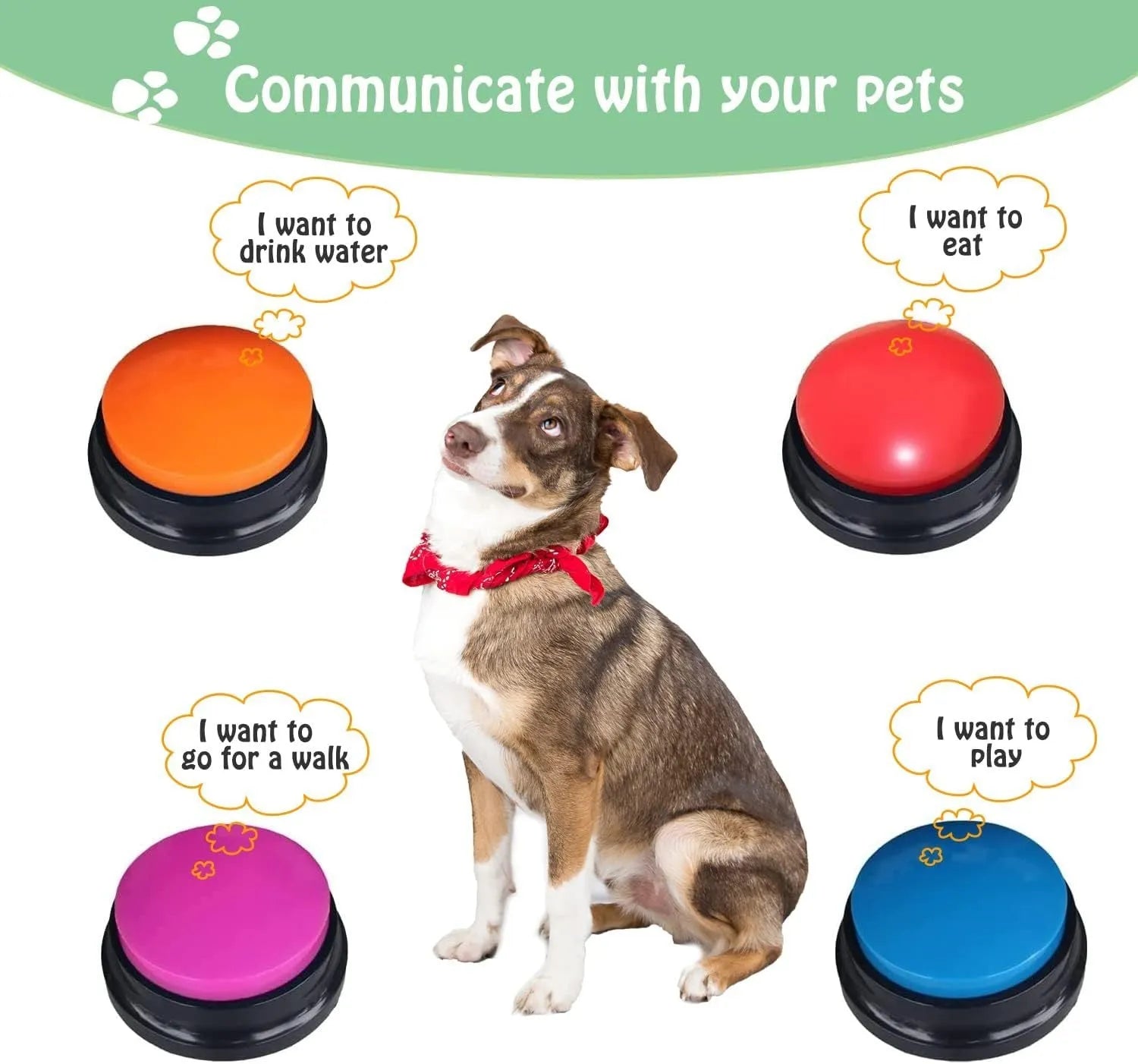 Voice recording dog training clicker device in multiple colour options showing record and playback buttons