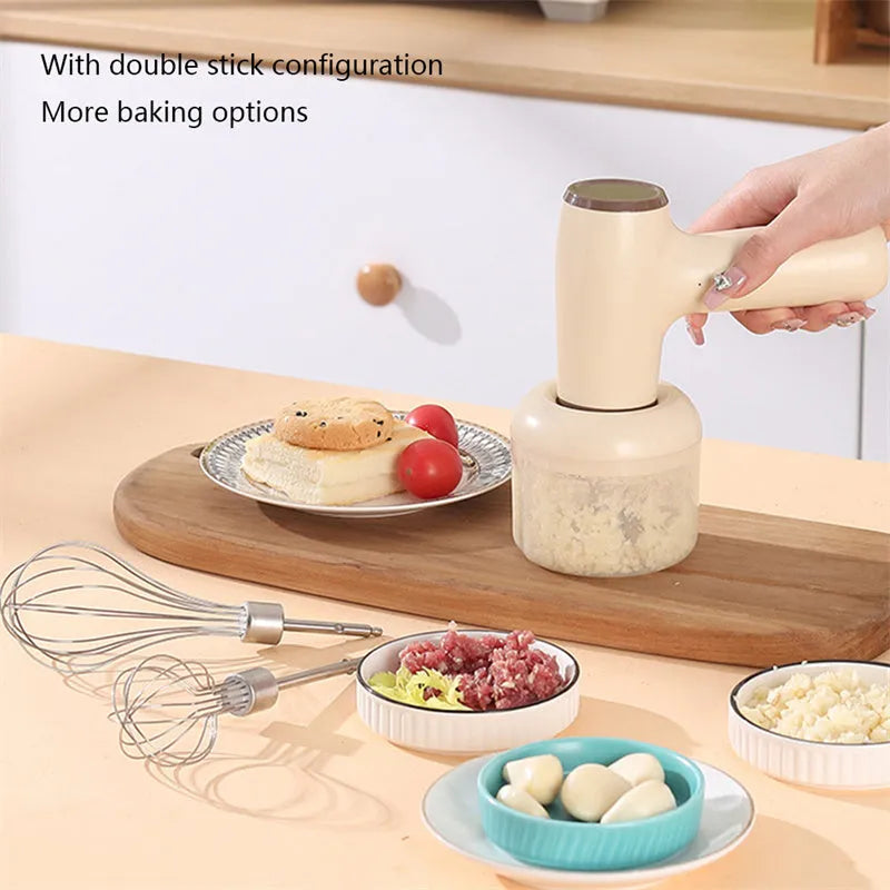 USB rechargeable electric garlic chopper with egg beater attachment in khaki or beige colour options