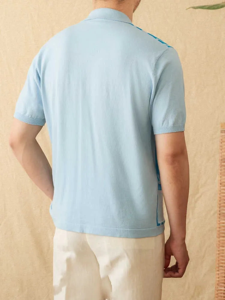 Cotton striped short-sleeved knitted cardigan polo shirt in royal blue with lapel collar and regular sleeves.