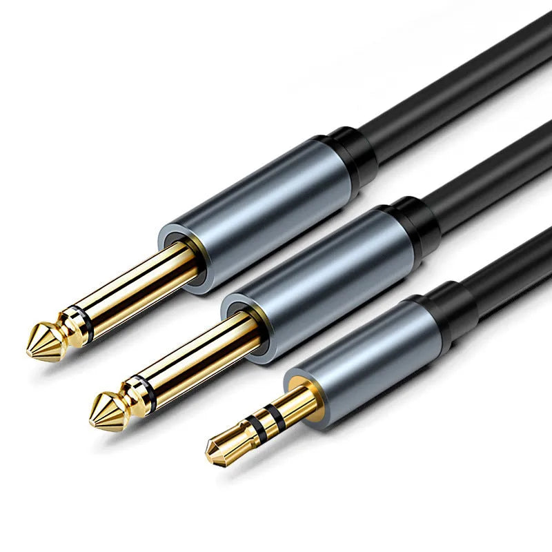 3.5mm to 6.5mm male-to-male audio cable with black sheath and gold-plated connectors.