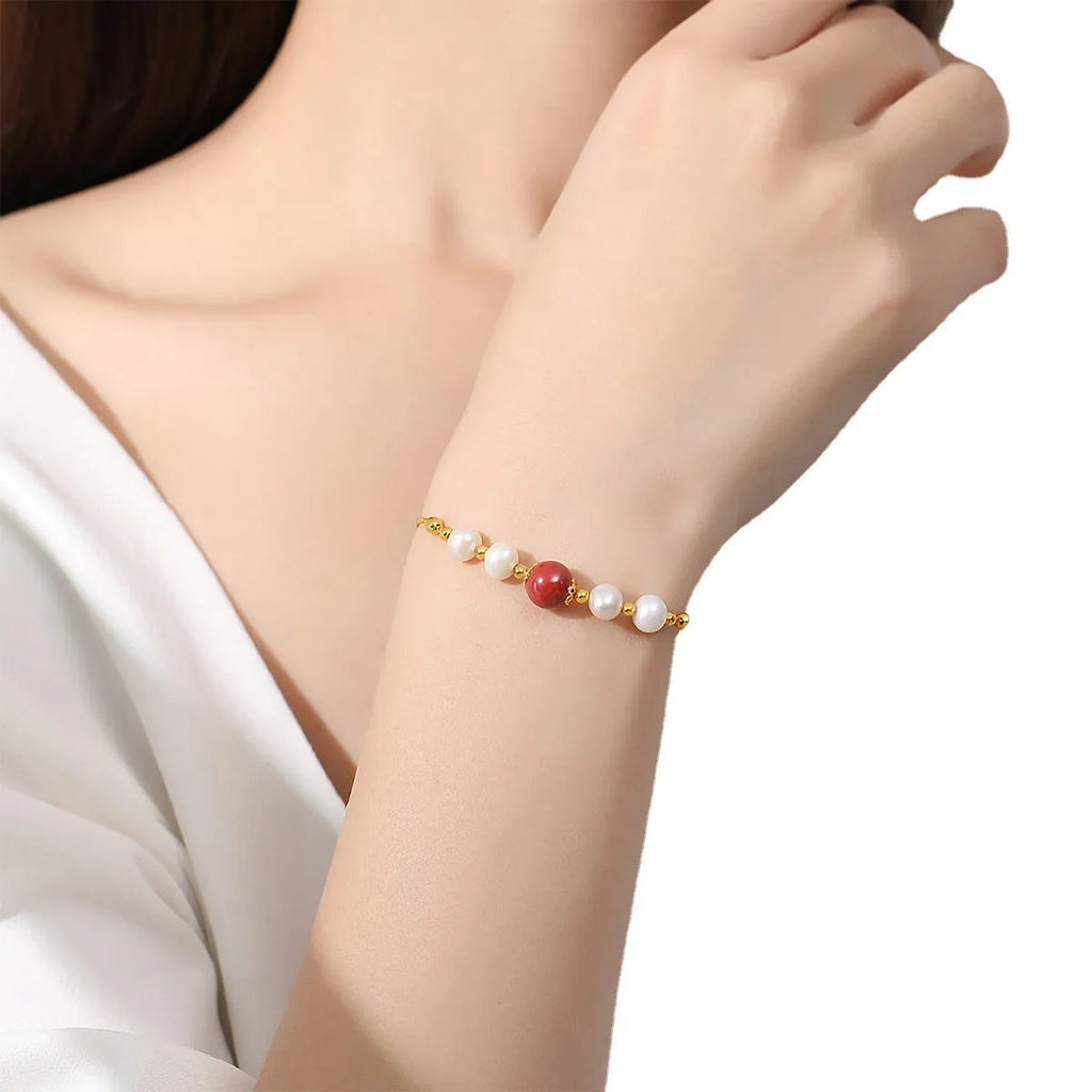 Yellow 925 silver red bean pearl cinnabar bracelet with adjustable sizing for women